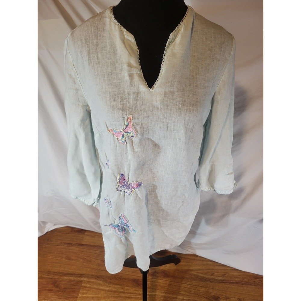 Alexandra Bartlett Linen Blouse Tunic‎ Womens XL Blue Embroidered Bead Butterfly